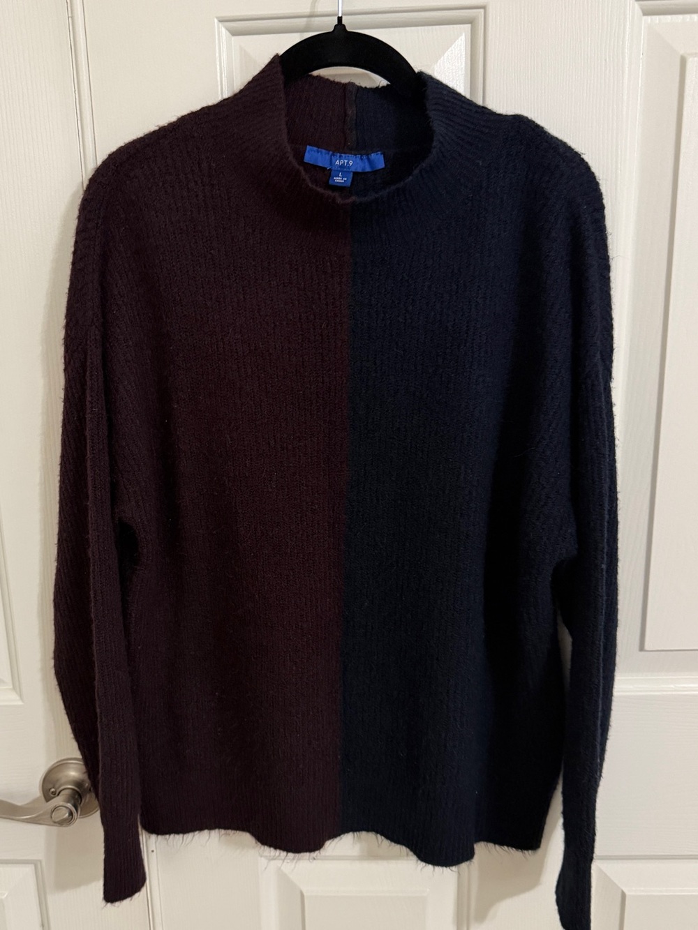 Apt. 9 L Navy Blue Plum Colorblock Mock Neck Fuzzy Knit Sweater